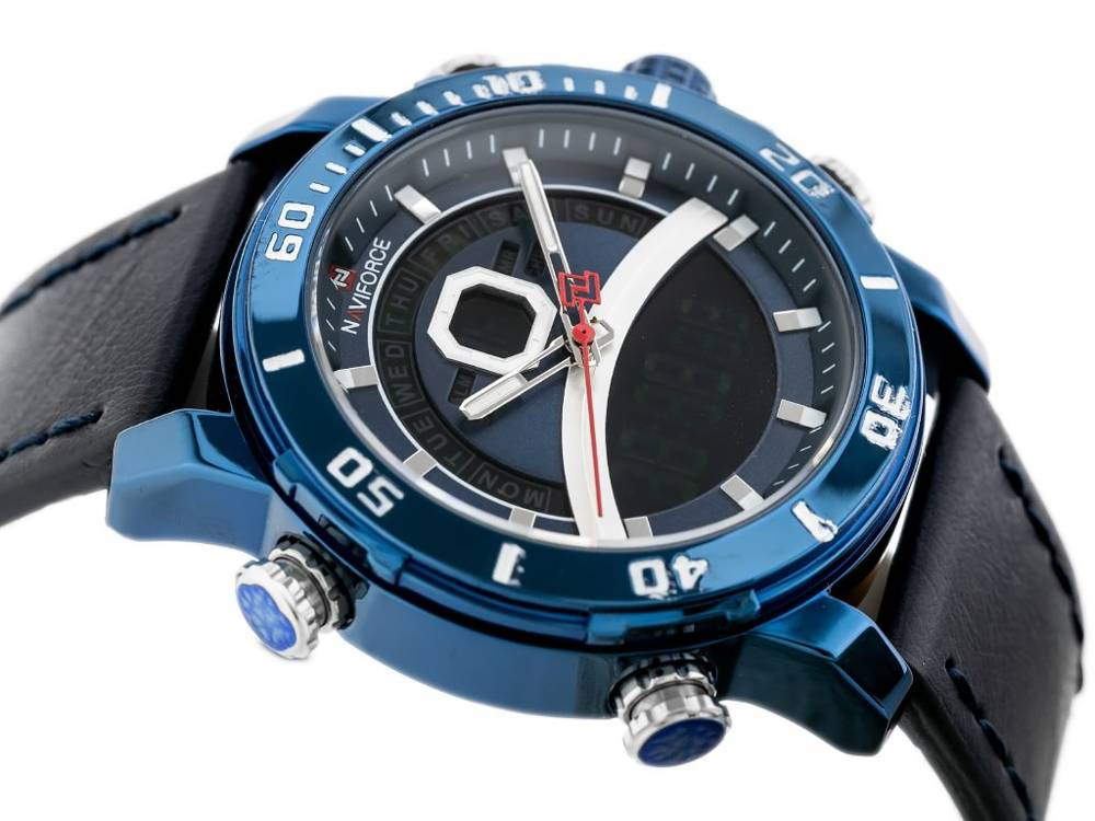 Niebieski zegarek męski Naviforce NF9181L - koperta z boku z koronką i przyciskami