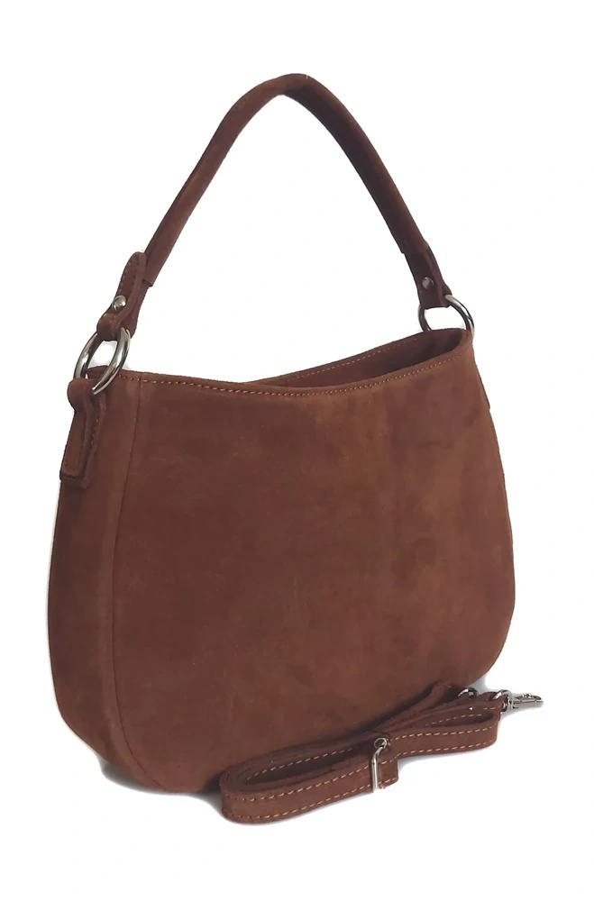 Torebka skórzana zamszowa damska Vera Pelle LGS35C listonoszka camel - elegancki front i detale