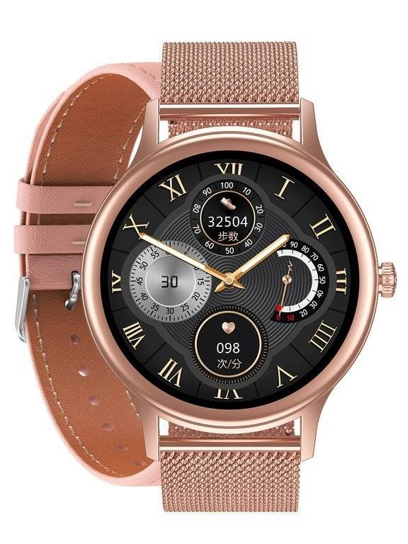 Różowy z różowym złotem smartwatch damski Pacific 18-1 - zegarek na bransolecie siatkowej z różowym paskiem obok