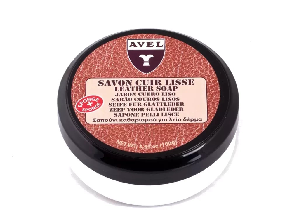 Mydło regenerujące do skór Avel - słoik z przodu, etykieta Savon cuir lisse / Leather soap, 100 g
