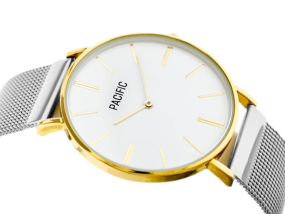 Złoto-srebrny zegarek damski Pacific X6169 - zegarek pod kątem, zbliżenie tarczy