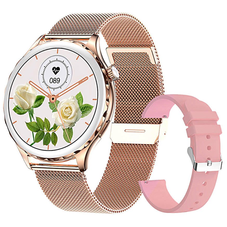 Różowy z różowym złotem smartwatch damski Rubicon RNCF02 - z przodu na bransolecie mesh, obok różowy pasek silikonowy