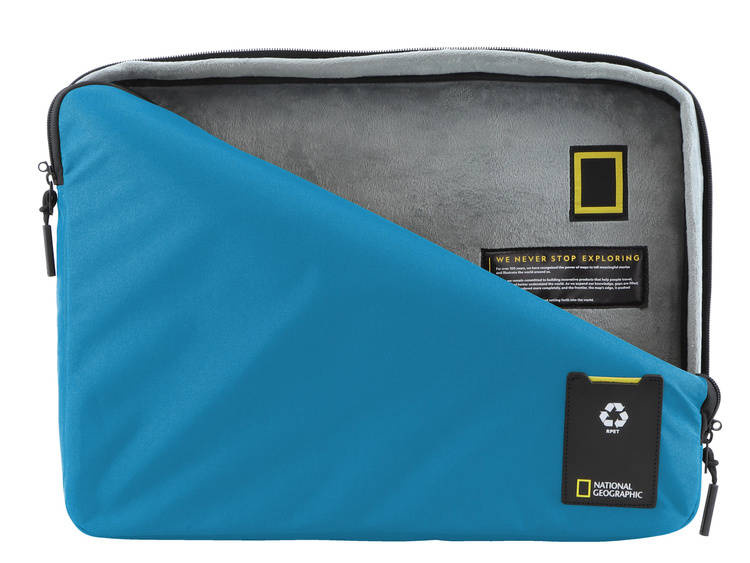 Turkusowe etui na laptopa National Geographic Ocean 20905 otwarte, z szarym miękkim wnętrzem
