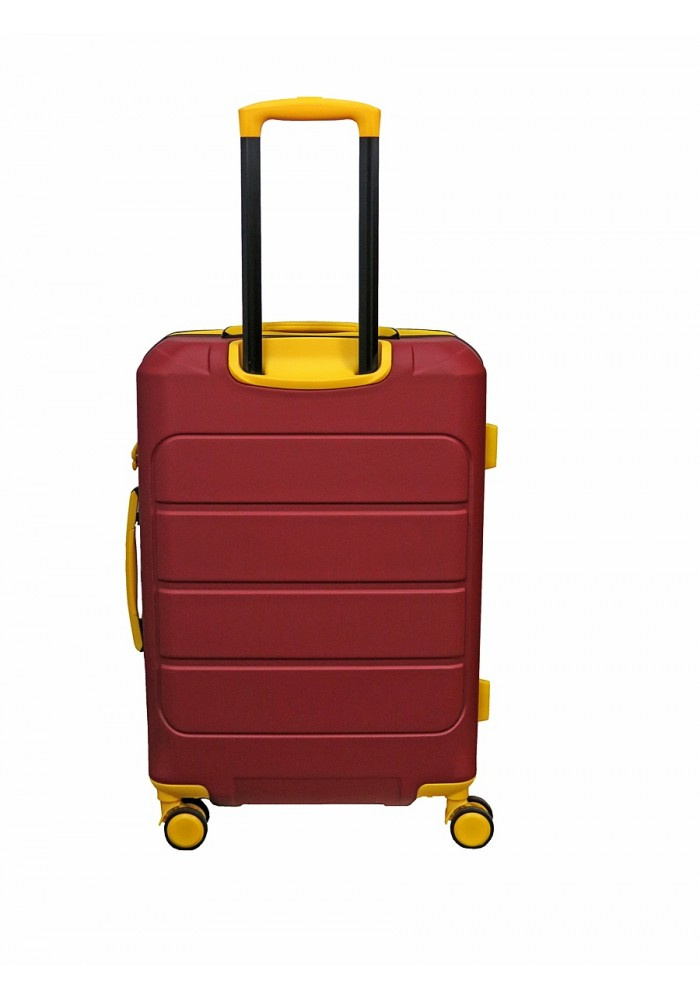 Burgundowa walizka Vip Collection Barbados I 24 od tyłu, z żółtą wysuwaną rączką i żółtymi kółkami
