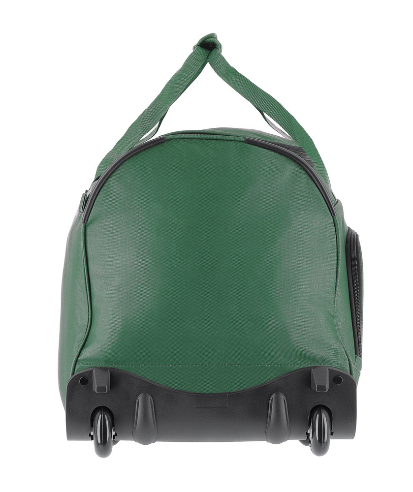 Zielona torba Travelite Basics 89 l z boku, z dwoma kółkami i rączkami złączonymi u góry
