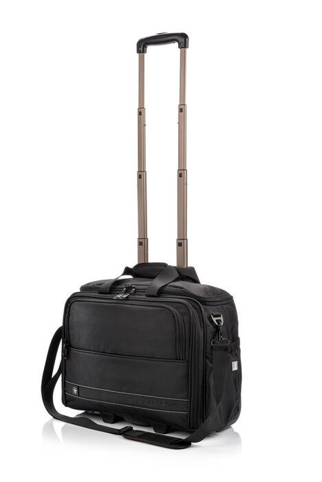 Czarna torba SwissBags A320 z wysuniętym uchwytem teleskopowym, dwiema rączkami i paskiem na ramię