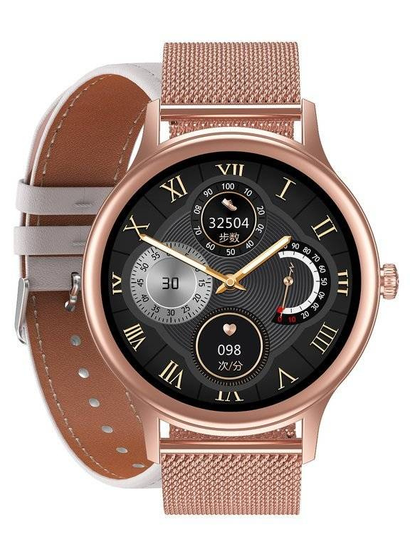 Biały z różowym złotem smartwatch damski Pacific 18-2 - zegarek na bransolecie siatkowej z białym paskiem obok