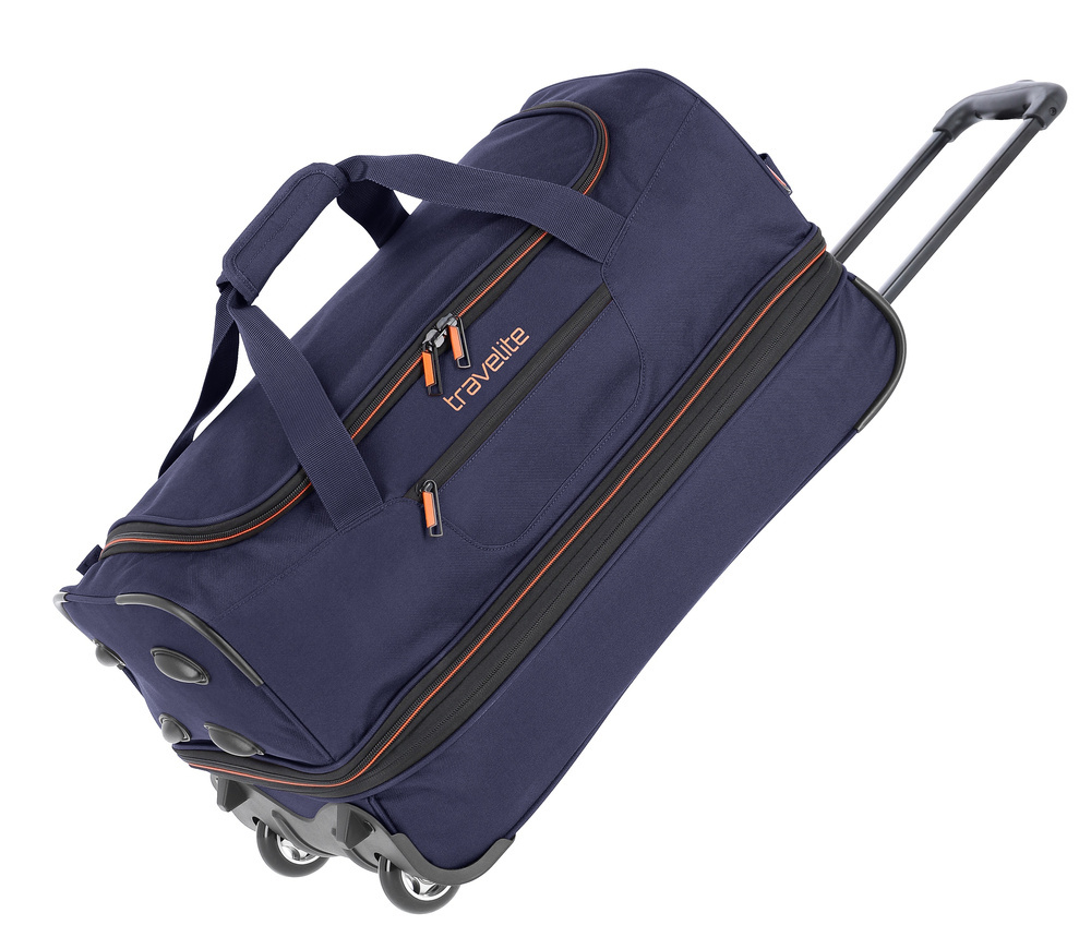 Granatowa torba Travelite Basics na kółkach, z wysuniętym uchwytem teleskopowym i pomarańczowymi suwakami