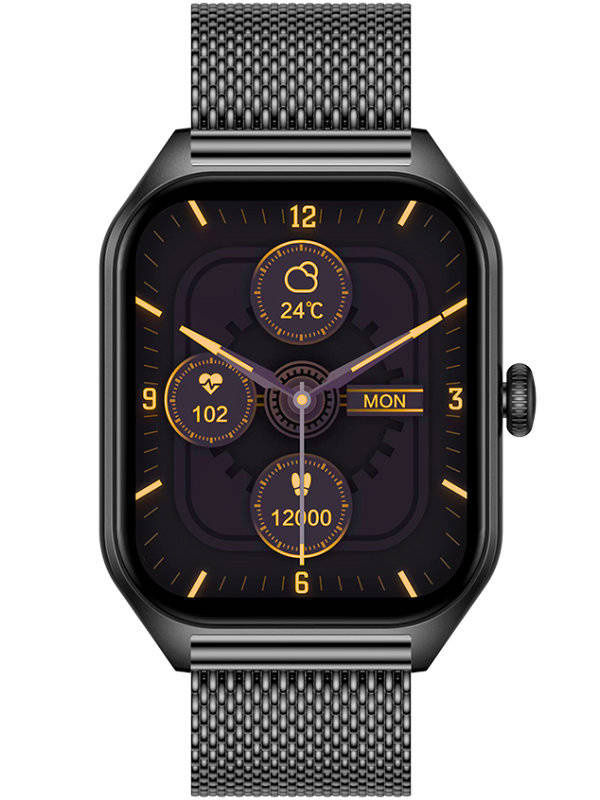 Czarny smartwatch unisex Rubicon RNCF03 - z przodu na białym tle, czarna bransoleta mesh