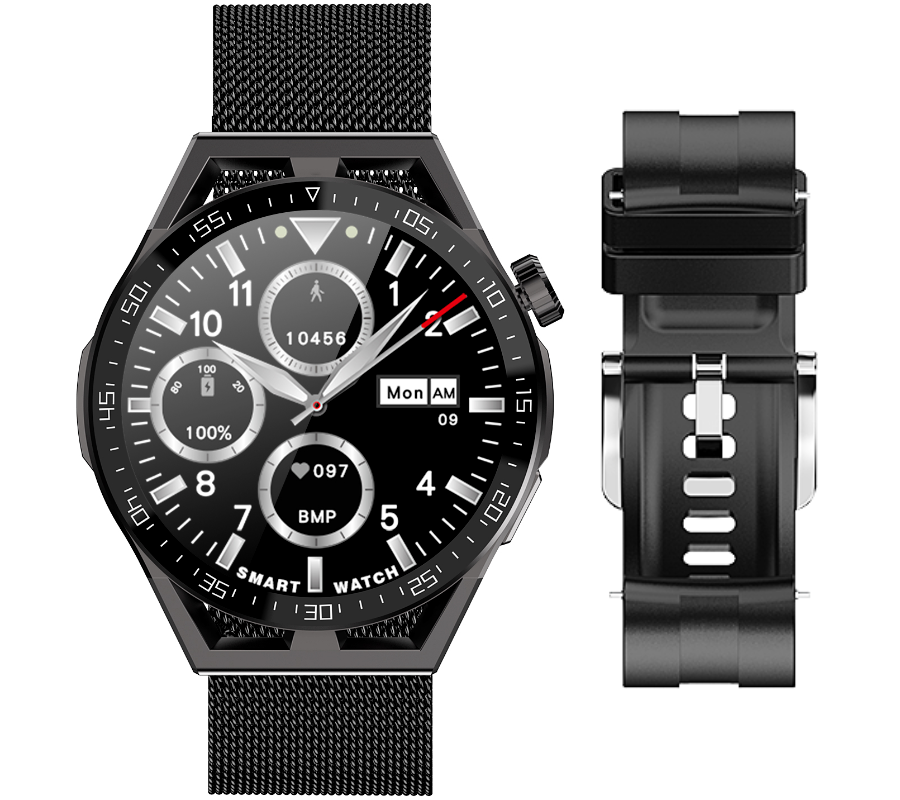 Czarny smartwatch męski Rubicon RNCE88 - z przodu na bransolecie mesh, obok pasek silikonowy