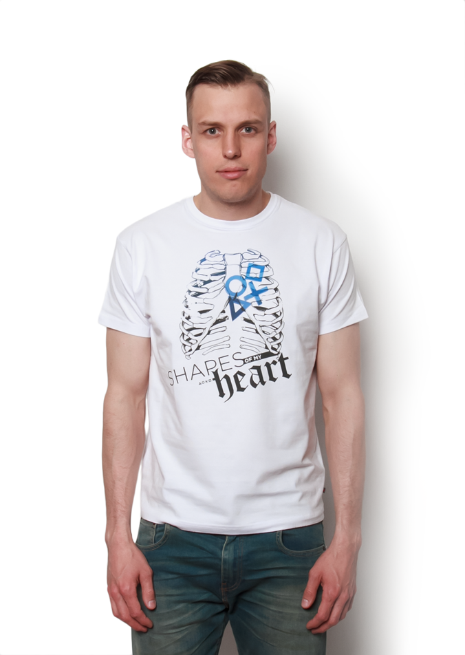 Biała koszulka z nadrukiem Shapes of my heart, widok z przodu na modelu