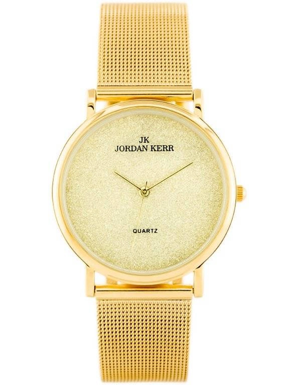 Złoty zegarek damski na bransolecie Jordan Kerr C3129AUX z przodu, ze złotą tarczą i bransoletą siatkową
