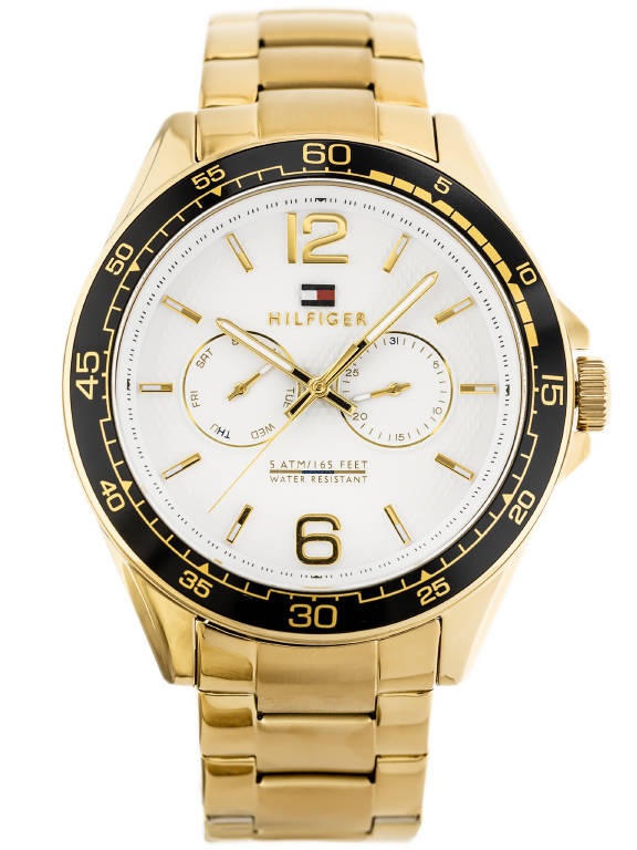 Złoty zegarek męski Tommy Hilfiger 1791365 - zegarek z przodu na białym tle, biała tarcza, czarna luneta