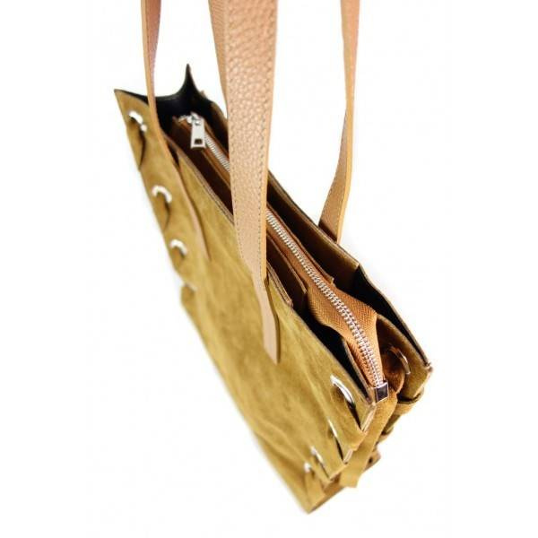 Torebka skórzana zamszowa damska Vera Pelle WK745C shopper bag A4 camel - detale i zamszowa faktura