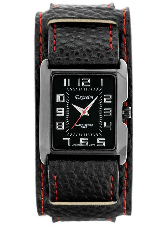 Czarny zegarek damski Extreim EXT-Y016A-1A - zegarek z przodu na białym tle, szeroki pasek z podkładką