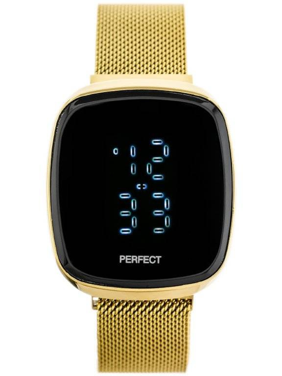 Złoty zegarek damski Perfect A8036 - zegarek LED z przodu na białym tle