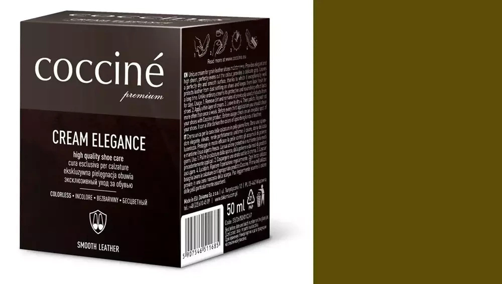 Krem do skóry gładkiej Coccine oliwkowy - kartonik Coccine Cream Elegance 50 ml i próbnik koloru w odcieniu oliwkowym