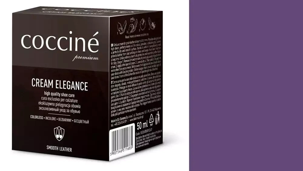 Krem do skóry gładkiej Coccine fioletowy - kartonik Coccine Cream Elegance 50 ml i próbnik koloru w odcieniu fioletowym