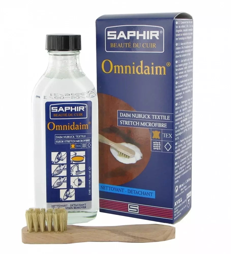 Odplamiacz do zamszu i nubuku Saphir - butelka Omnidaim, kartonik i drewniana szczoteczka
