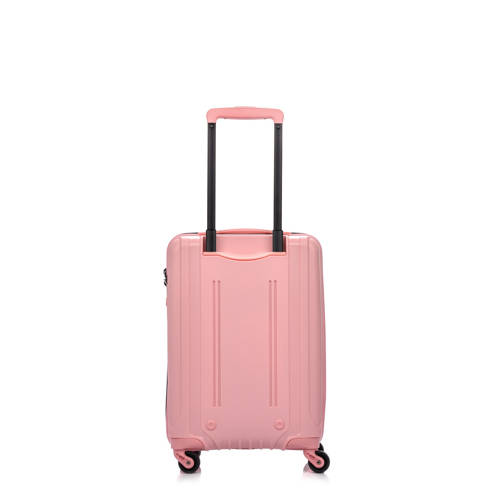 Różowa walizka SwissBags Tourist 55 od tyłu, z wysuniętym uchwytem teleskopowym i czterema kółkami