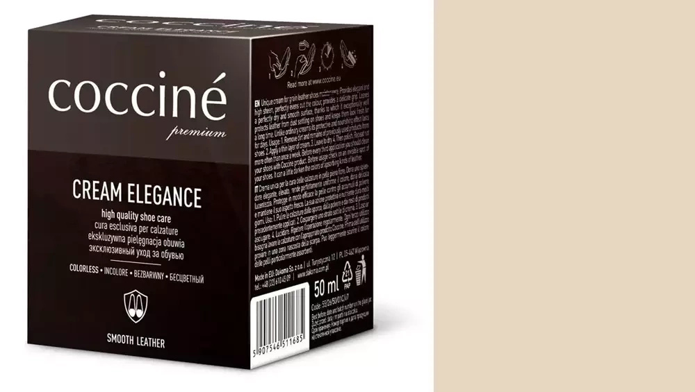 Krem do skóry gładkiej Coccine beżowy - kartonik Coccine Cream Elegance 50 ml i próbnik koloru w odcieniu beżowym