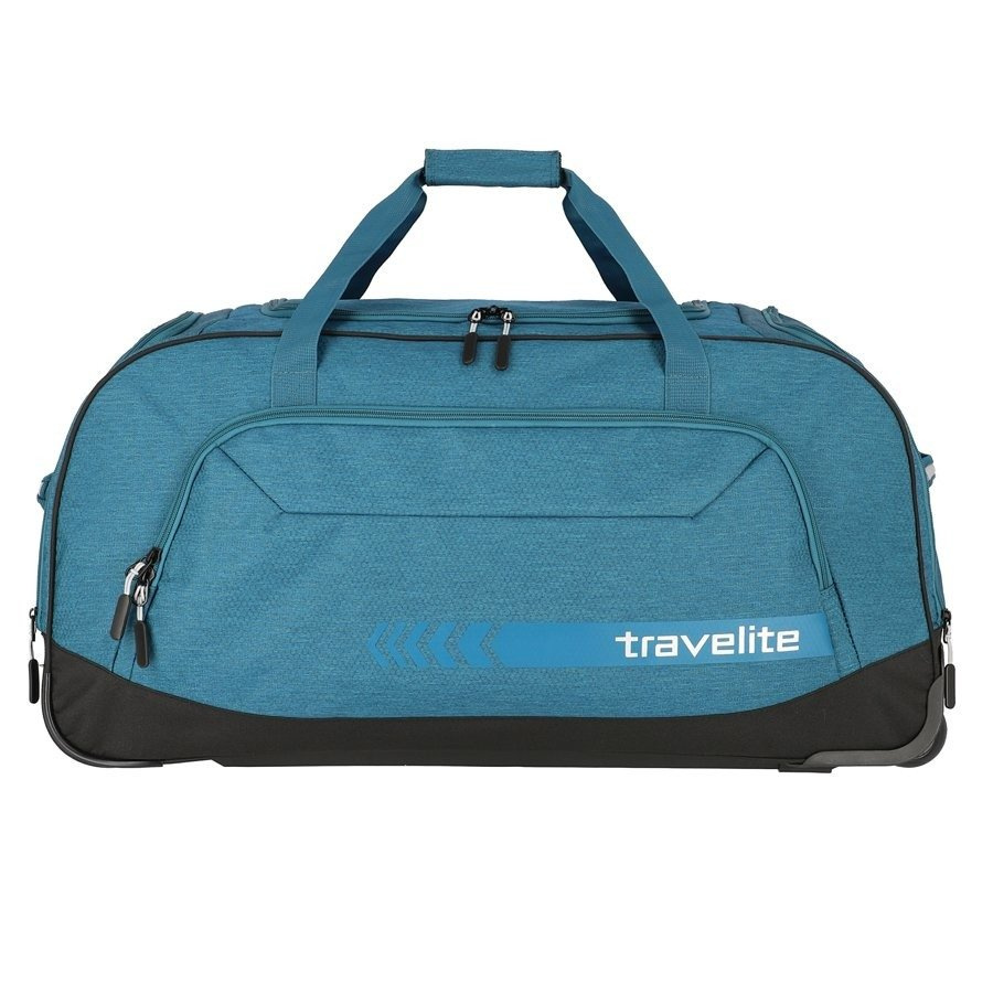 Turkusowa torba Travelite Kick-Off XL na kółkach z przodu, z dużą kieszenią na zamek i logo travelite