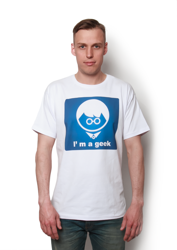 Biała koszulka z nadrukiem postaci w okularach i napisem I'm a geek, widok z przodu