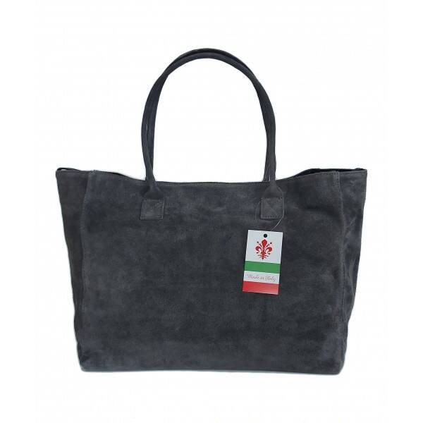 Torebka skórzana zamszowa damska Vera Pelle WGXL5G worek shopper A4 szara - front torebki na ramię