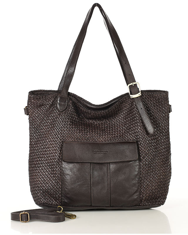 Ciemnobrązowa pleciona shopperka skórzana MARCO MAZZINI - widok z przodu