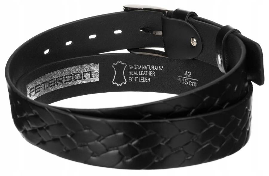 Spód czarnego paska Peterson PRS-04-G z tłoczonym logo marki