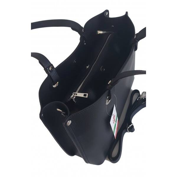 Torebka skórzana damska Vera Pelle VOM65N shopper bag A4 czarna - detale ze skóry naturalnej i okucia