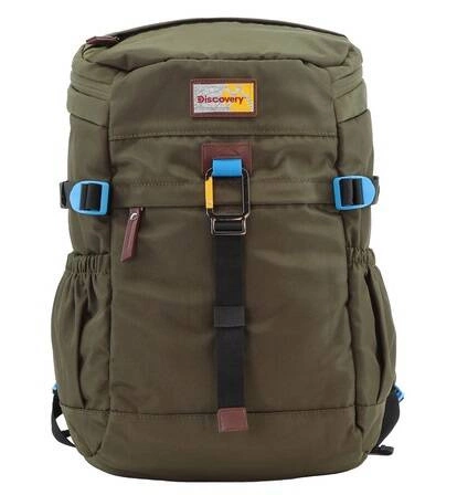 Khaki plecak na laptopa z poliestru Discovery Icon 723 z przodu, z paskiem z metalową klamrą i kieszeniami z siatki po bokach