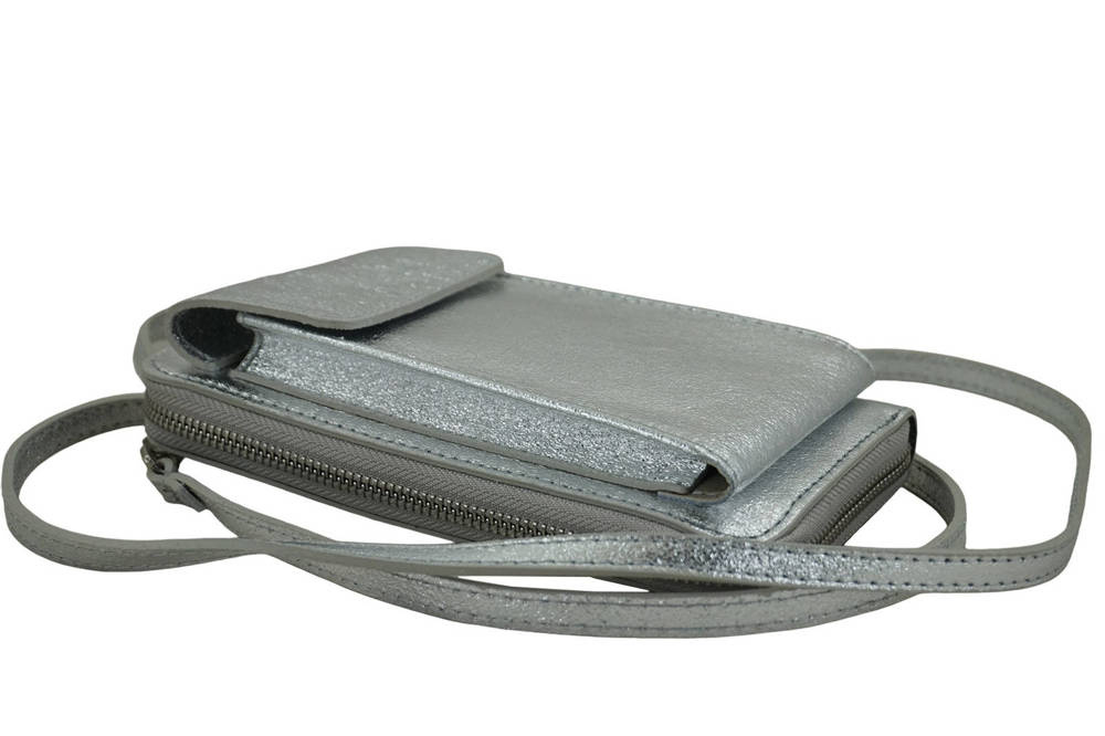 Etui na telefon ze skóry naturalnej damskie Barberini's 908/1-16 mini listonoszka srebrna - styl miejski i eleganckie detale