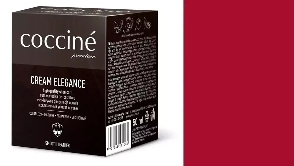 Krem do skóry gładkiej Coccine czerwony - kartonik Coccine Cream Elegance 50 ml i próbnik koloru w odcieniu
