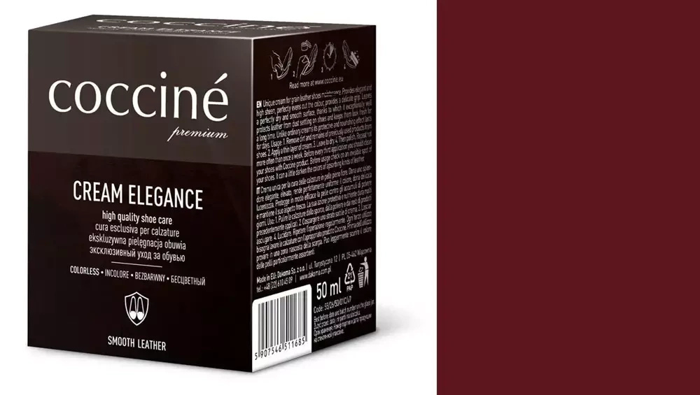 Krem do skóry gładkiej Coccine bordowy - kartonik Coccine Cream Elegance 50 ml i próbnik koloru w odcieniu bordowym