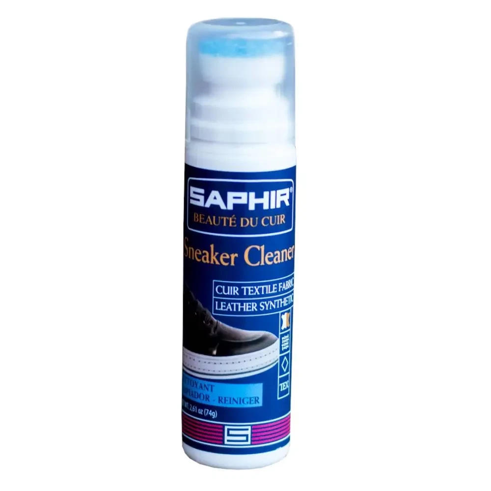 Płyn czyszczący do sneakersów Saphir - butelka z aplikatorem z przodu, etykieta Sneaker Cleaner