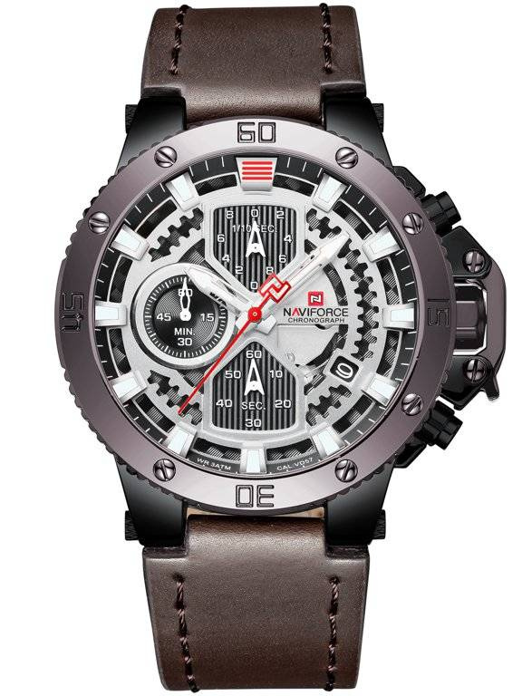 Czarno-brązowy zegarek męski Naviforce NF9159 - zegarek z przodu na białym tle