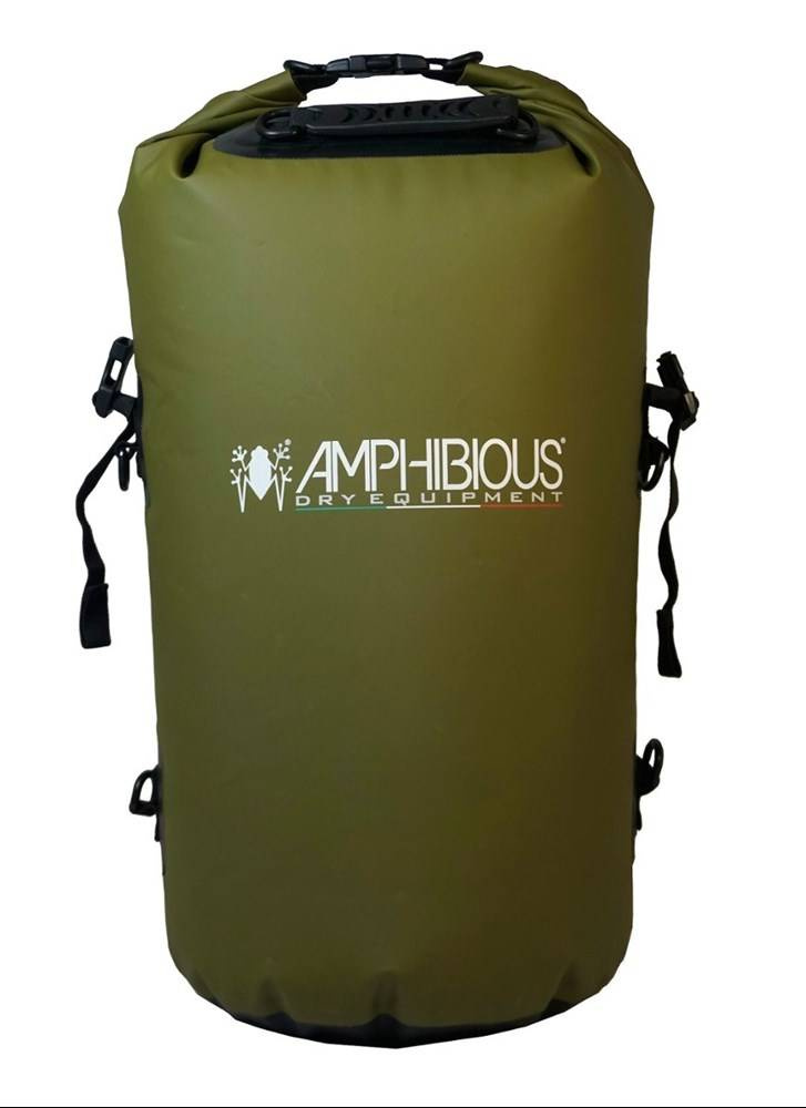 Zielony worek wodoodporny Amphibious Tube 40L z logo, uchwytem na zwiniętym brzegu i bocznymi taśmami