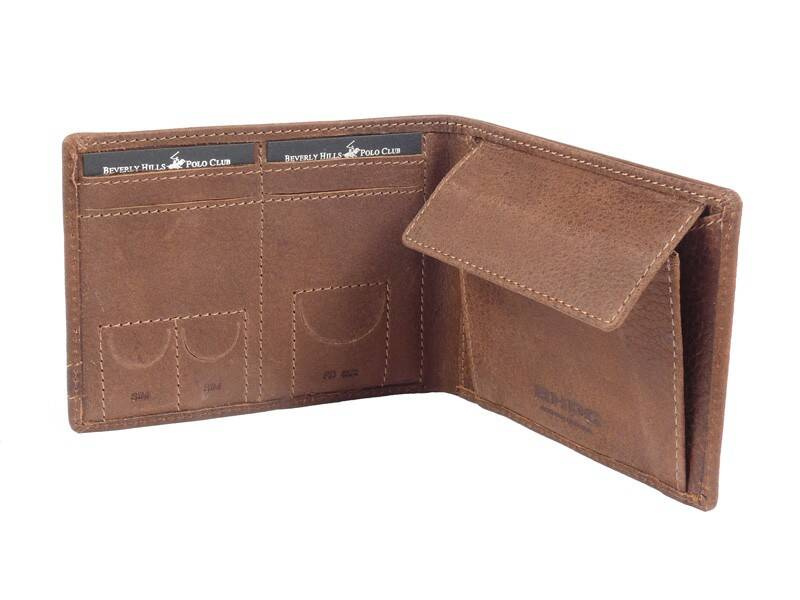 Elegancki skórzany portfel męski brązowy - Beverly Hills Polo Club BH-391 MO - widok kieszeni na monety i banknoty