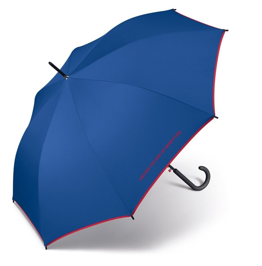 Niebieski parasol Benetton 56002 rozłożony, z czerwoną lamówką i napisem United Colors of Benetton