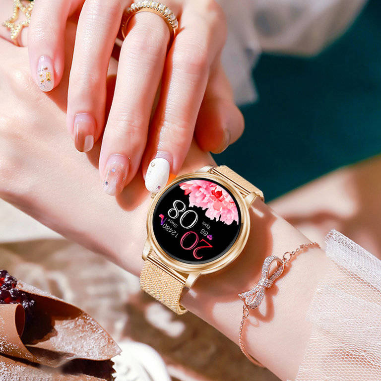 Złoty smartwatch damski Pacific 28-2 - smartwatch na nadgarstku z kwiatową tarczą