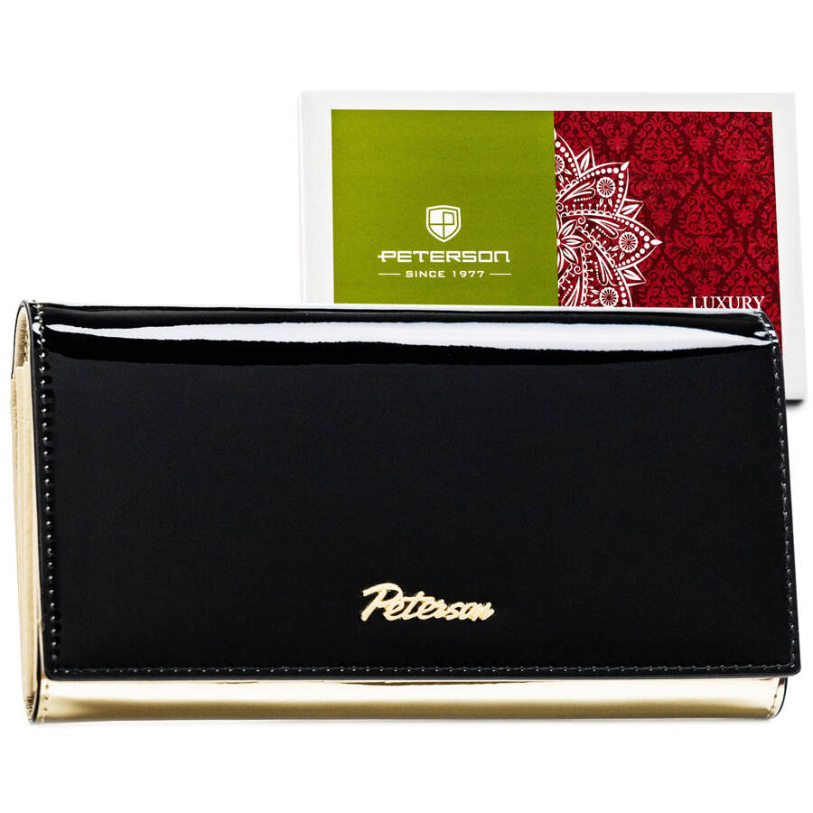 Czarno-złoty smukły skórzany portfel damski Peterson 1N-411