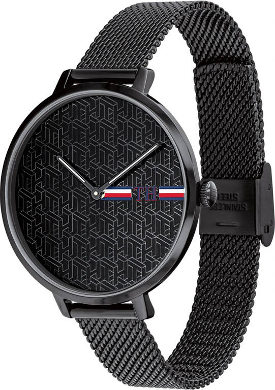 Czarny zegarek damski Tommy Hilfiger 1782160 - zegarek pod kątem, bransoleta mesh z zapięciem
