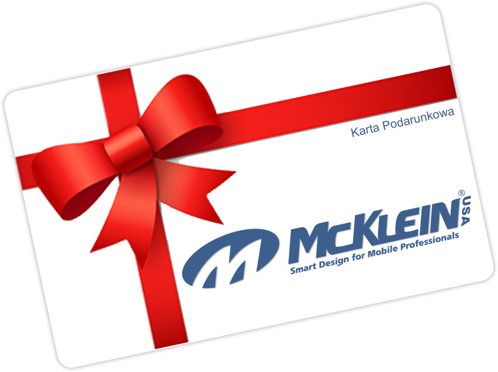 Karta podarunkowa e-McKlein.pl o wartości 1700 zł z czerwoną kokardą i logo McKlein