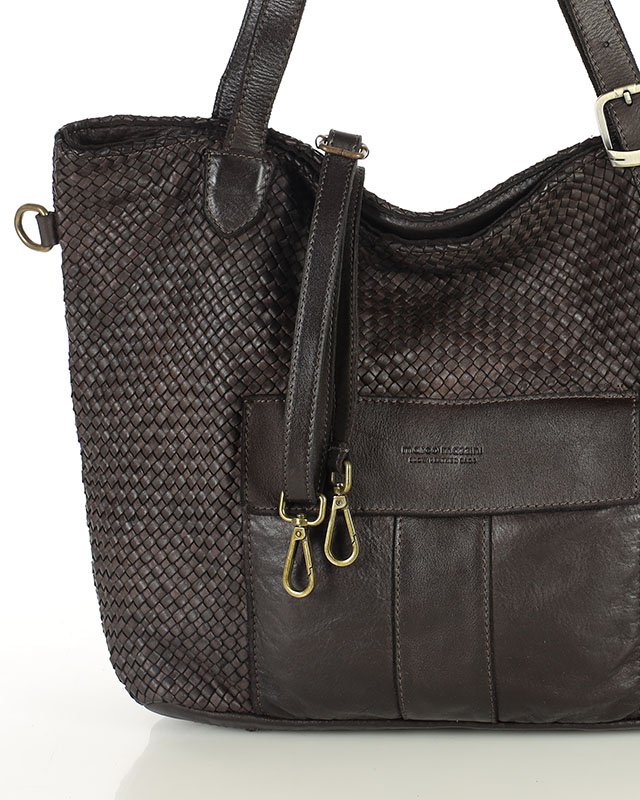 Ciemnobrązowa shopperka z długimi rączkami i paskiem