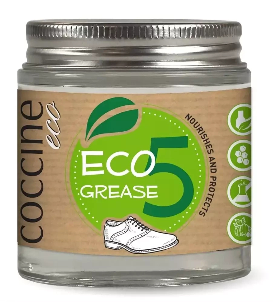 Tłuszcz do skóry Coccine bezbarwny - szklany słoik z aluminiową nakrętką, etykieta Coccine Eco 5 Grease