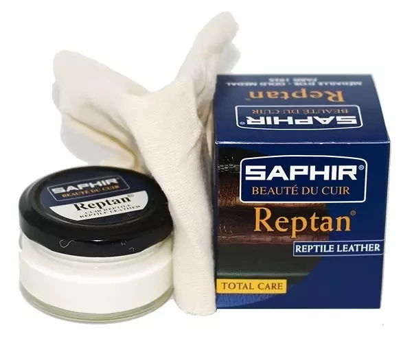 Krem odżywczy do skór z gadów Saphir bezbarwny - słoik Reptan, szmatka i kartonik z napisem Reptile Leather