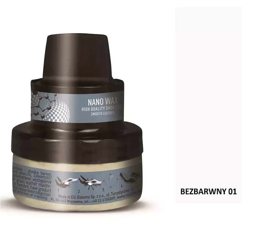 Krem do skóry gładkiej Coccine bezbarwny - opakowanie Nano Wax z aplikatorem i próbnikiem z napisem Bezbarwny 01
