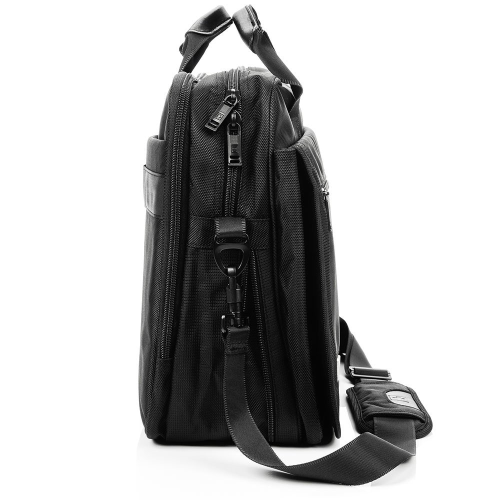 Czarna torba SwissBags SB113 z boku, z karabińczykiem paska na ramię i zamkami błyskawicznymi komór