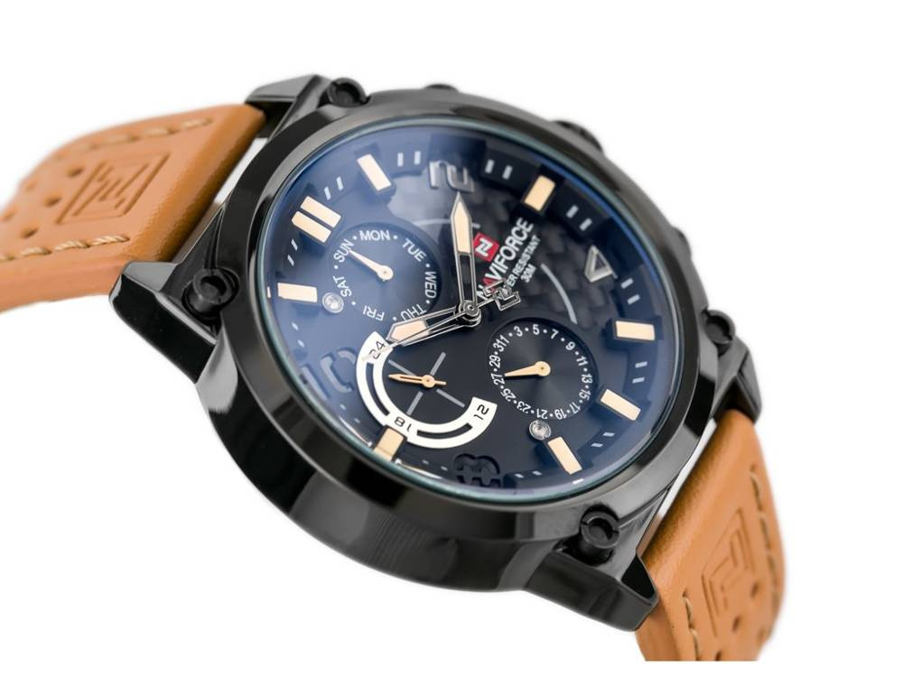 Brązowo-czarny zegarek męski Naviforce NF9068L - koperta z boku z koronką, tarcza w odcieniu granatu